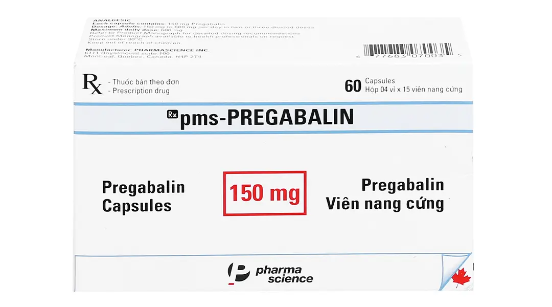 Viên nang cứng pms-Pregabalin 150mg Pharmascience điều trị đau thần kinh, động kinh (4 vỉ x 15 viên)